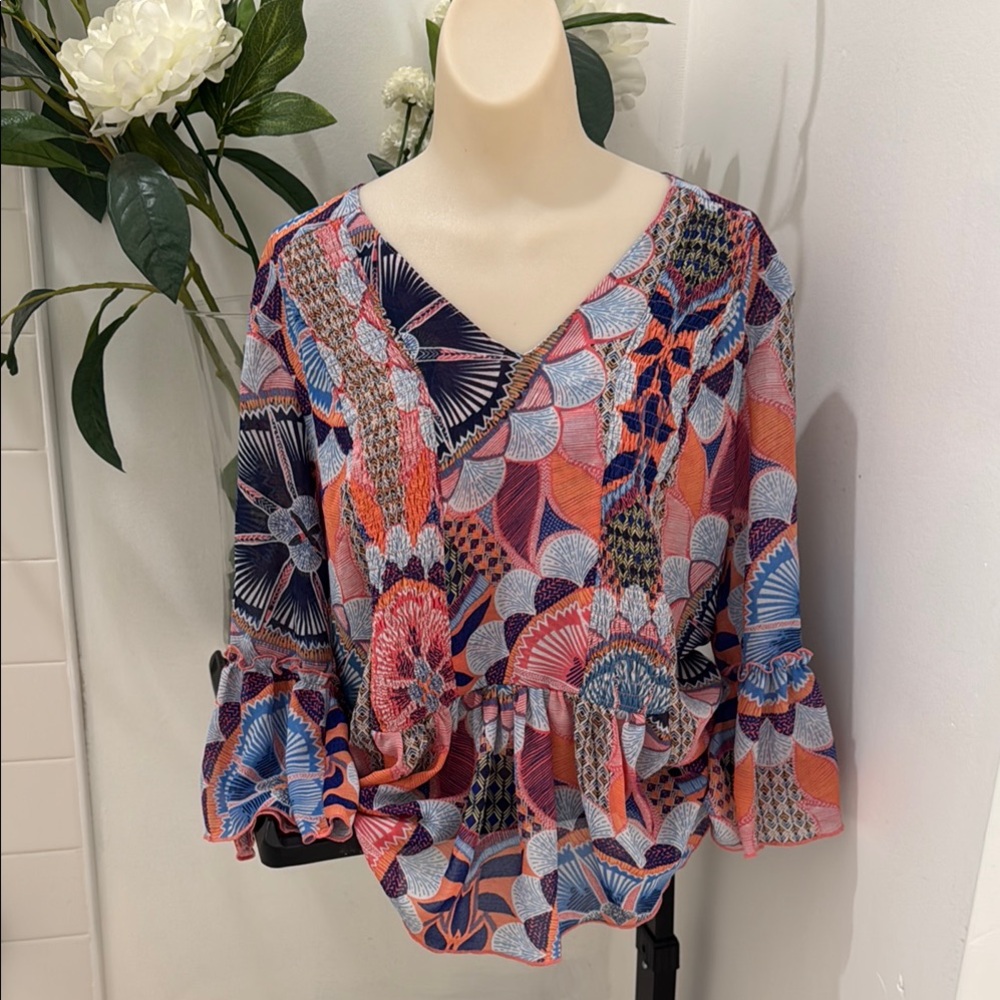 Vintage America Pink and Blue Bell Sleeve Blouse